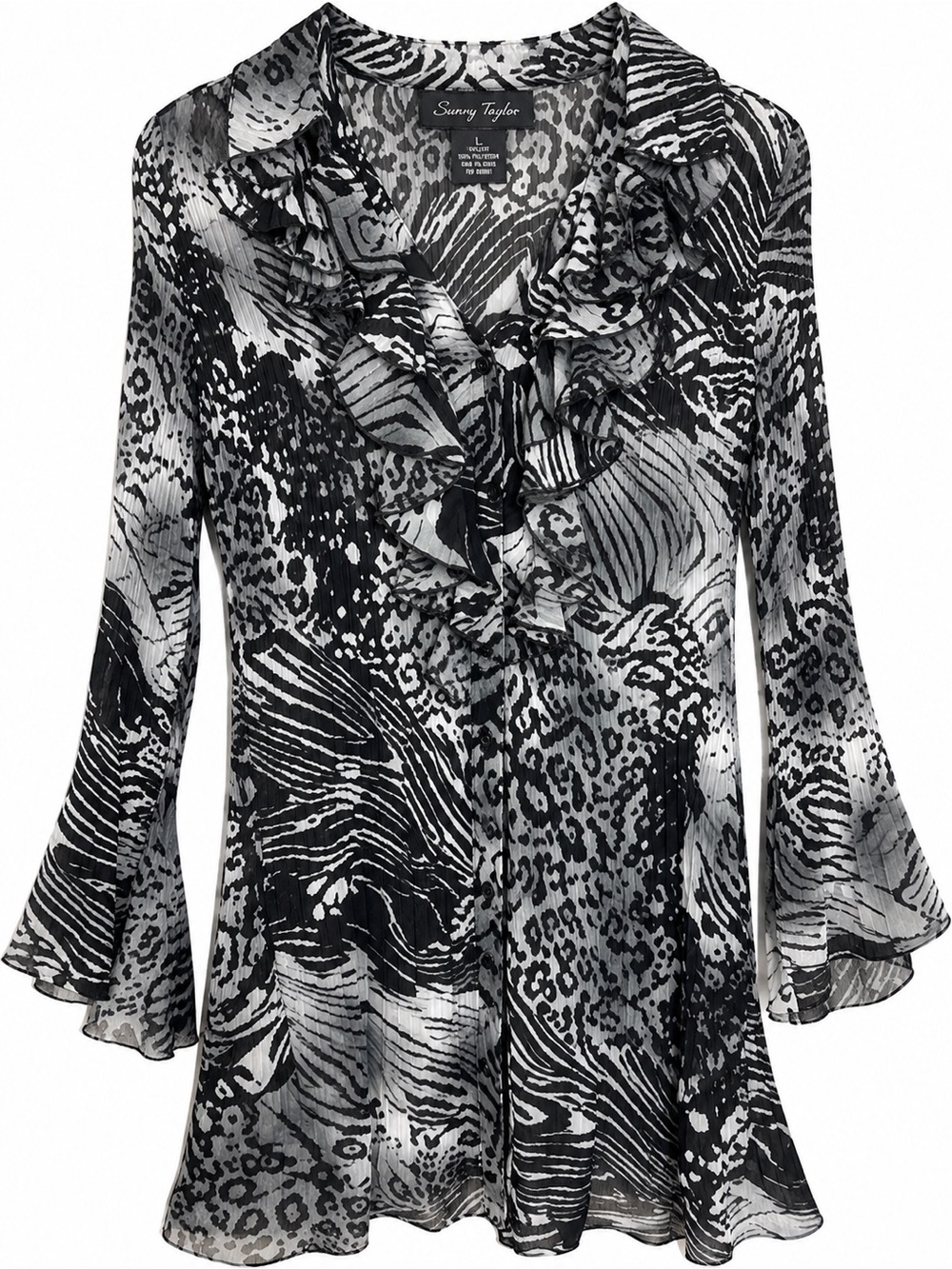 Sunny Taylor Womens L Sheer Animal Print Pleated Ruffle Collar Tunic Blouse